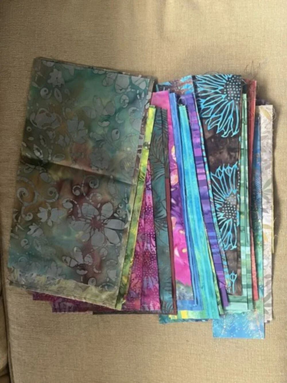 Lot 107 Fabric Pieces Batik and  Solid Assorted Colors Patterns Size